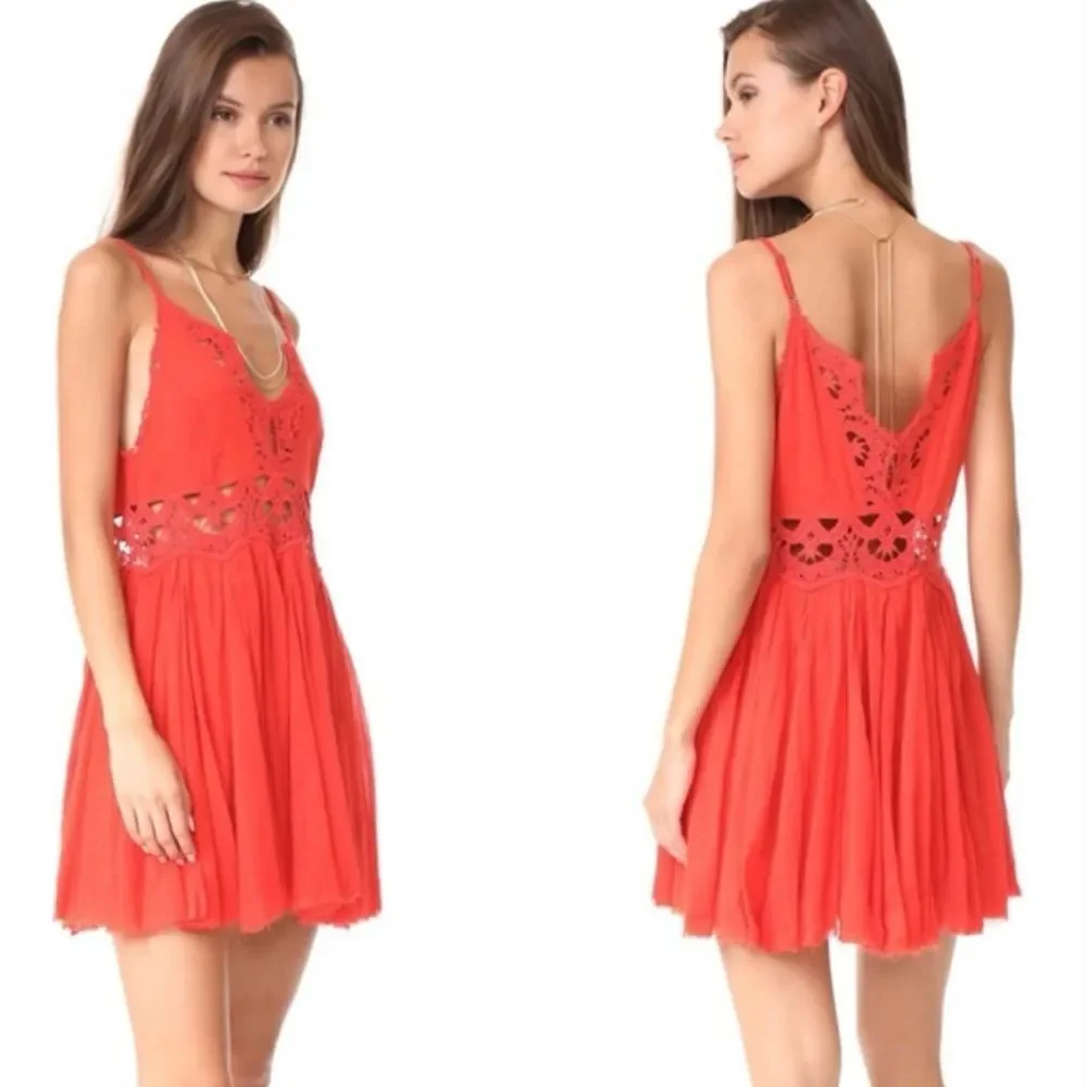 FREE PEOPLE Red-Orange Ilektra Mini Dress Cotton